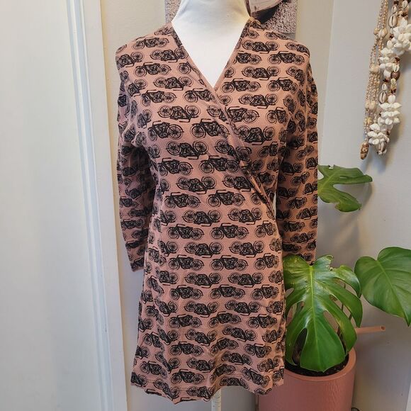 Effies Heart Mod Cloth Motorcycle Small Brown Black Faux Wrap Fitted Stretch Top - Picture 1 of 5